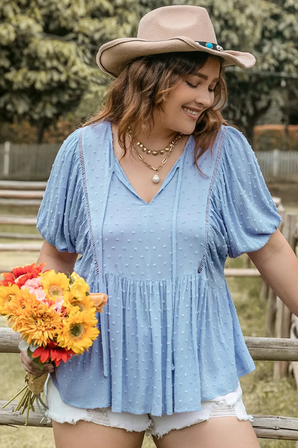 Plus Size Swiss Dot Tie Neck Short Sleeve Blouse-Stay Foxy Boutique, Florissant, Missouri
