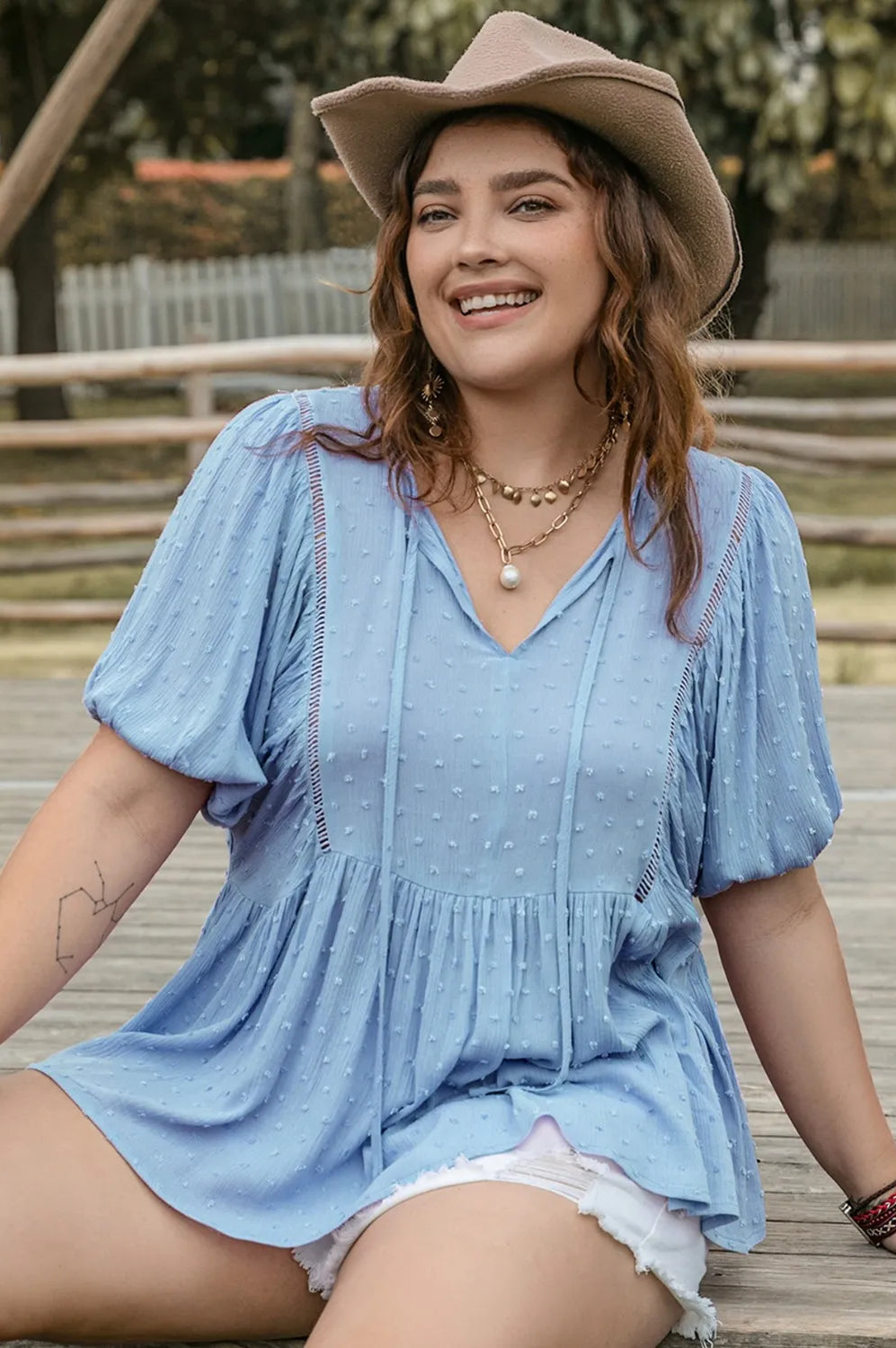 Plus Size Swiss Dot Tie Neck Short Sleeve Blouse-Stay Foxy Boutique, Florissant, Missouri