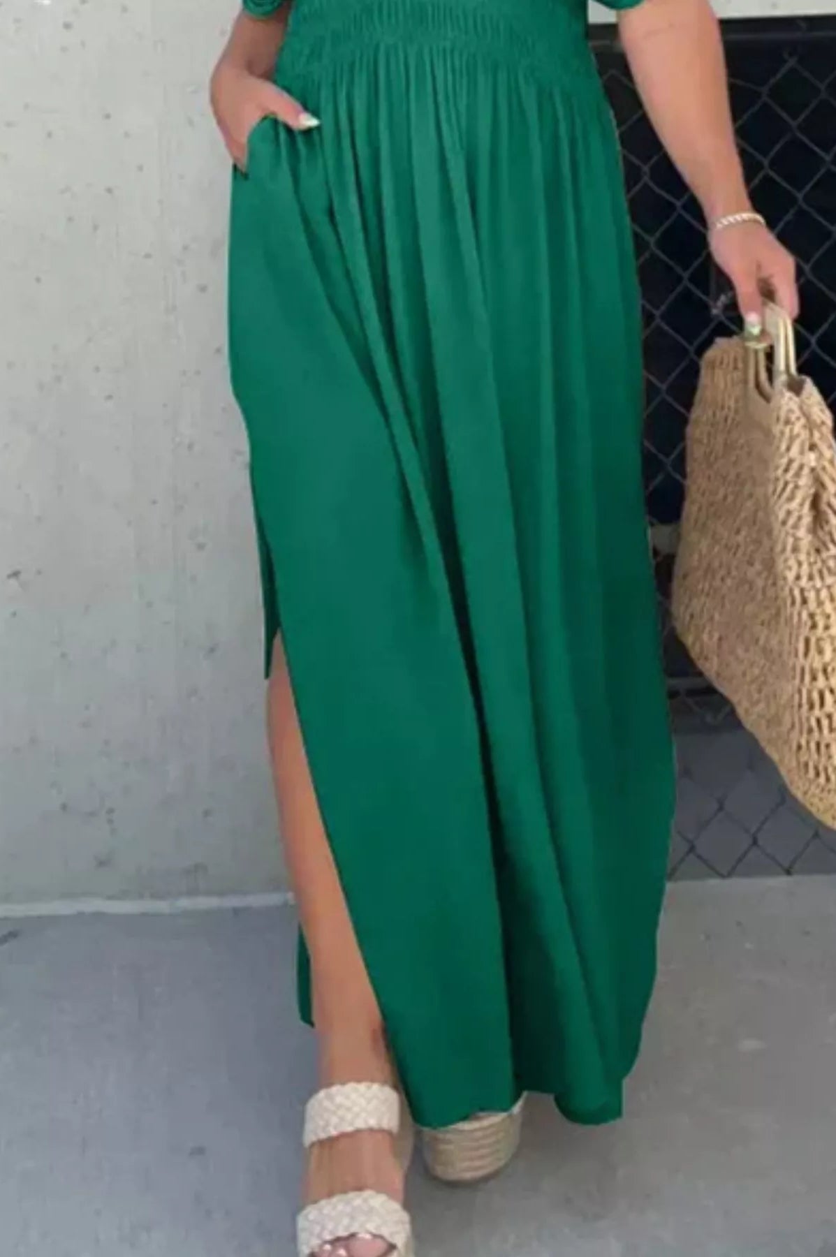 Full Size Slit V-Neck Smocked Waist Maxi Dress Plus Size-Stay Foxy Boutique, Florissant, Missouri