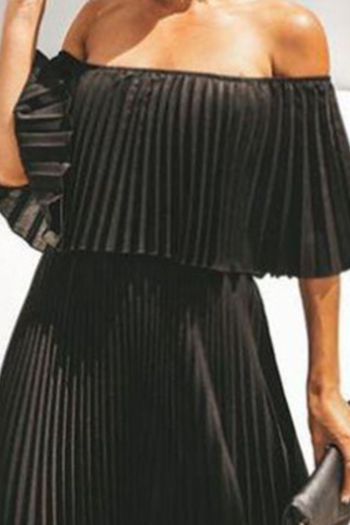 Full Size Off-Shoulder Pleated Maxi Dress Plus Size-Stay Foxy Boutique, Florissant, Missouri