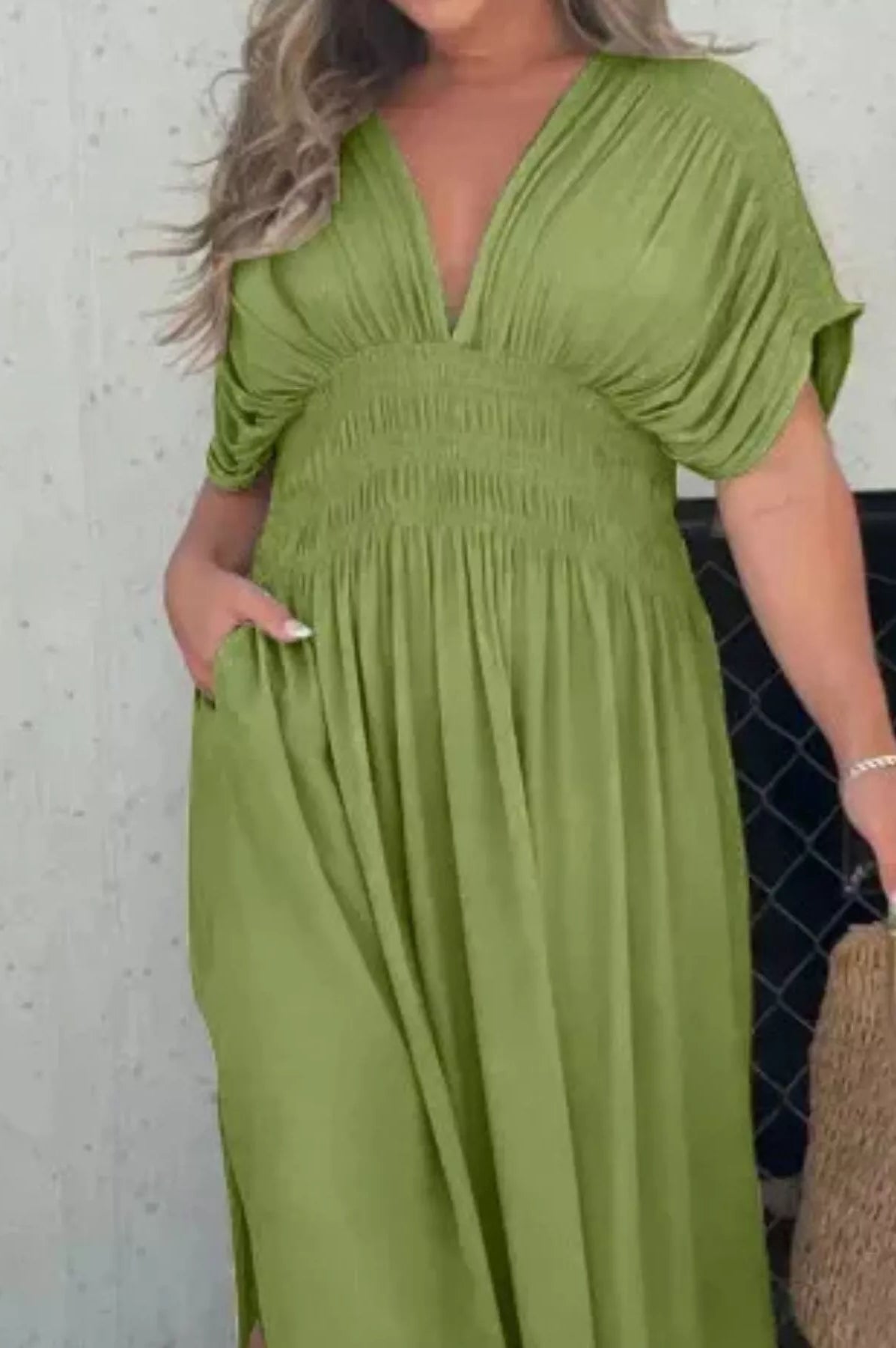 Full Size Slit V-Neck Smocked Waist Maxi Dress Plus Size-Stay Foxy Boutique, Florissant, Missouri