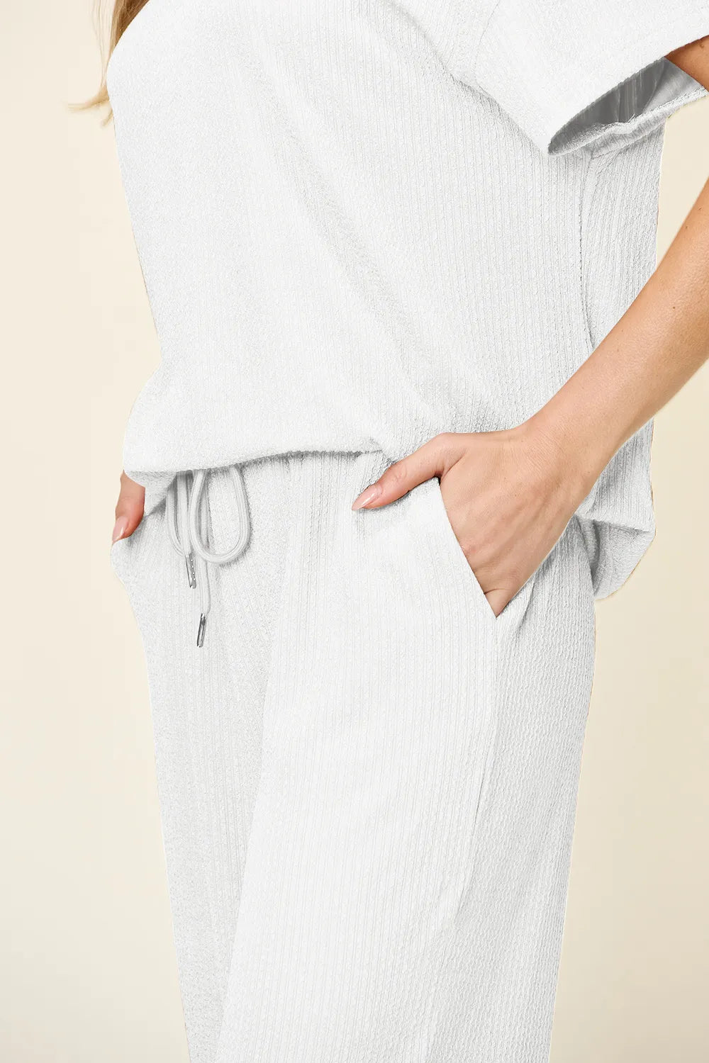 Double Take Full Size Texture Round Neck Short Sleeve T-Shirt and Wide Leg Pants-Stay Foxy Boutique, Florissant, Missouri