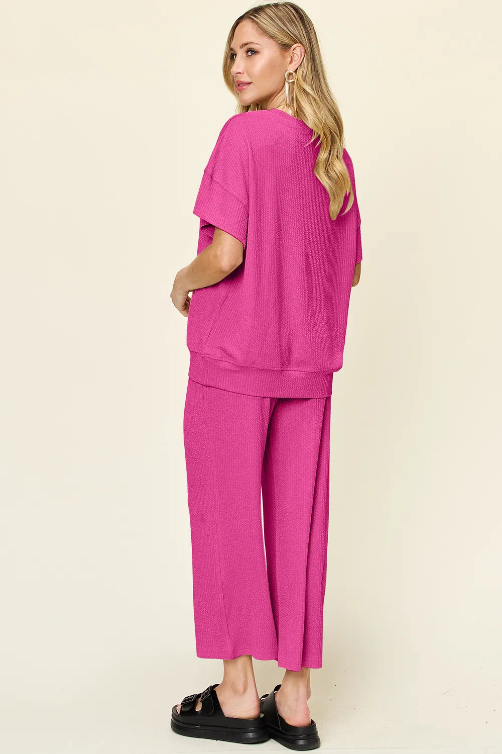 Double Take Full Size Texture Round Neck Short Sleeve T-Shirt and Wide Leg Pants-Stay Foxy Boutique, Florissant, Missouri