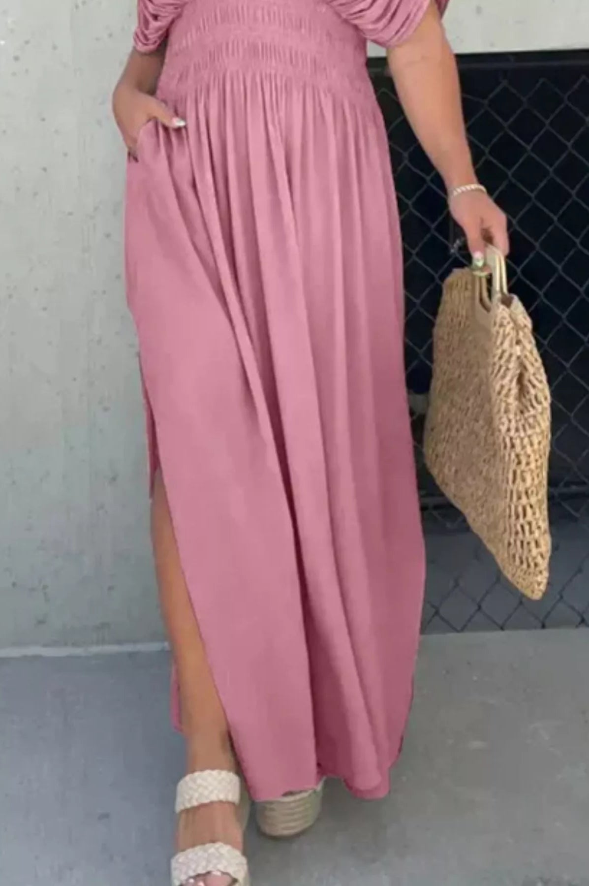Full Size Slit V-Neck Smocked Waist Maxi Dress Plus Size-Stay Foxy Boutique, Florissant, Missouri