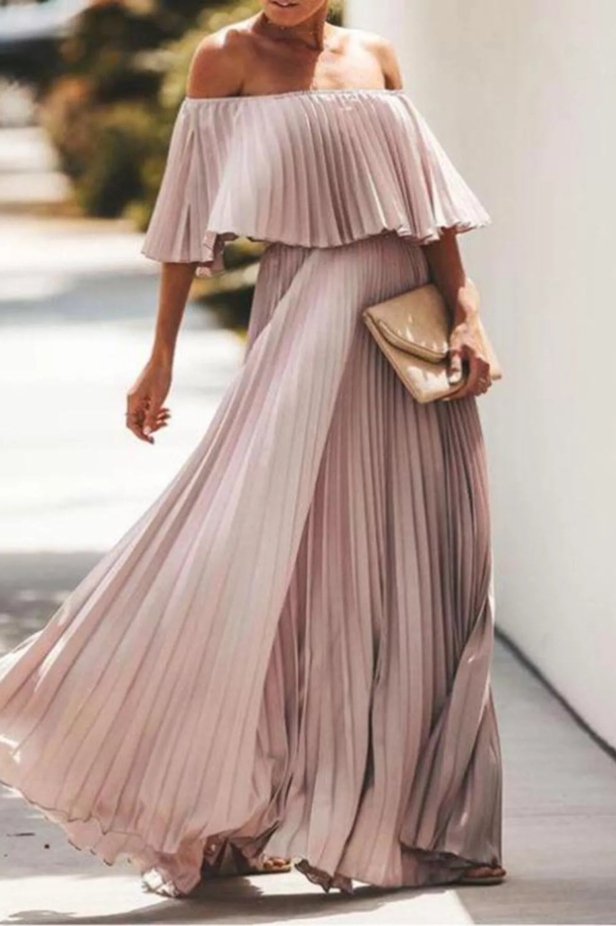 Full Size Off-Shoulder Pleated Maxi Dress Plus Size-Stay Foxy Boutique, Florissant, Missouri