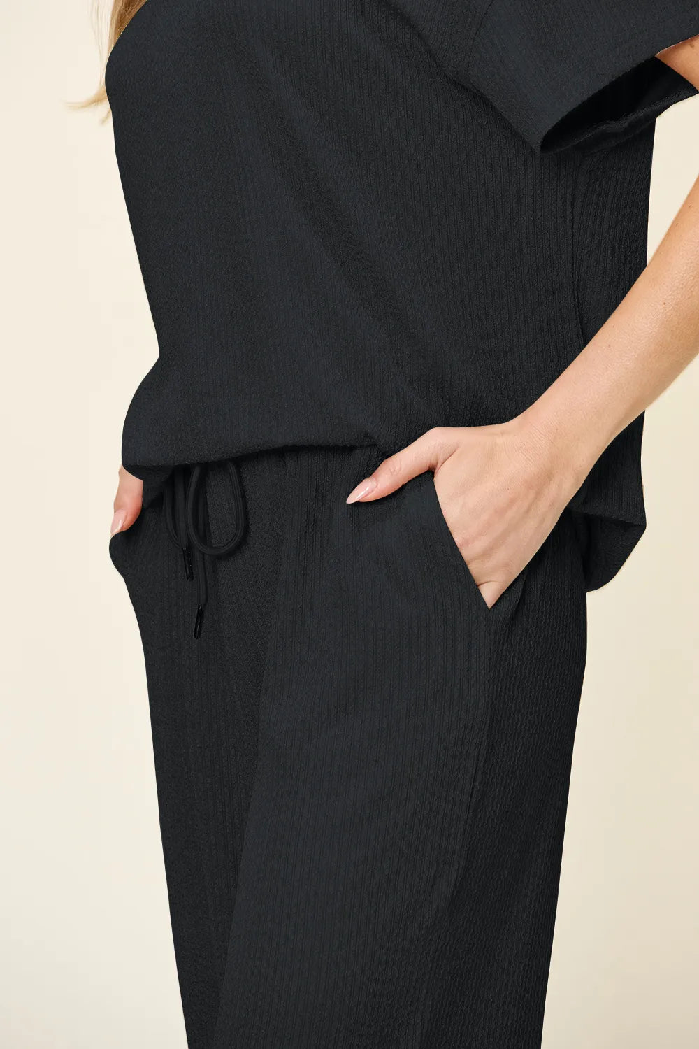 Double Take Full Size Texture Round Neck Short Sleeve T-Shirt and Wide Leg Pants-Stay Foxy Boutique, Florissant, Missouri