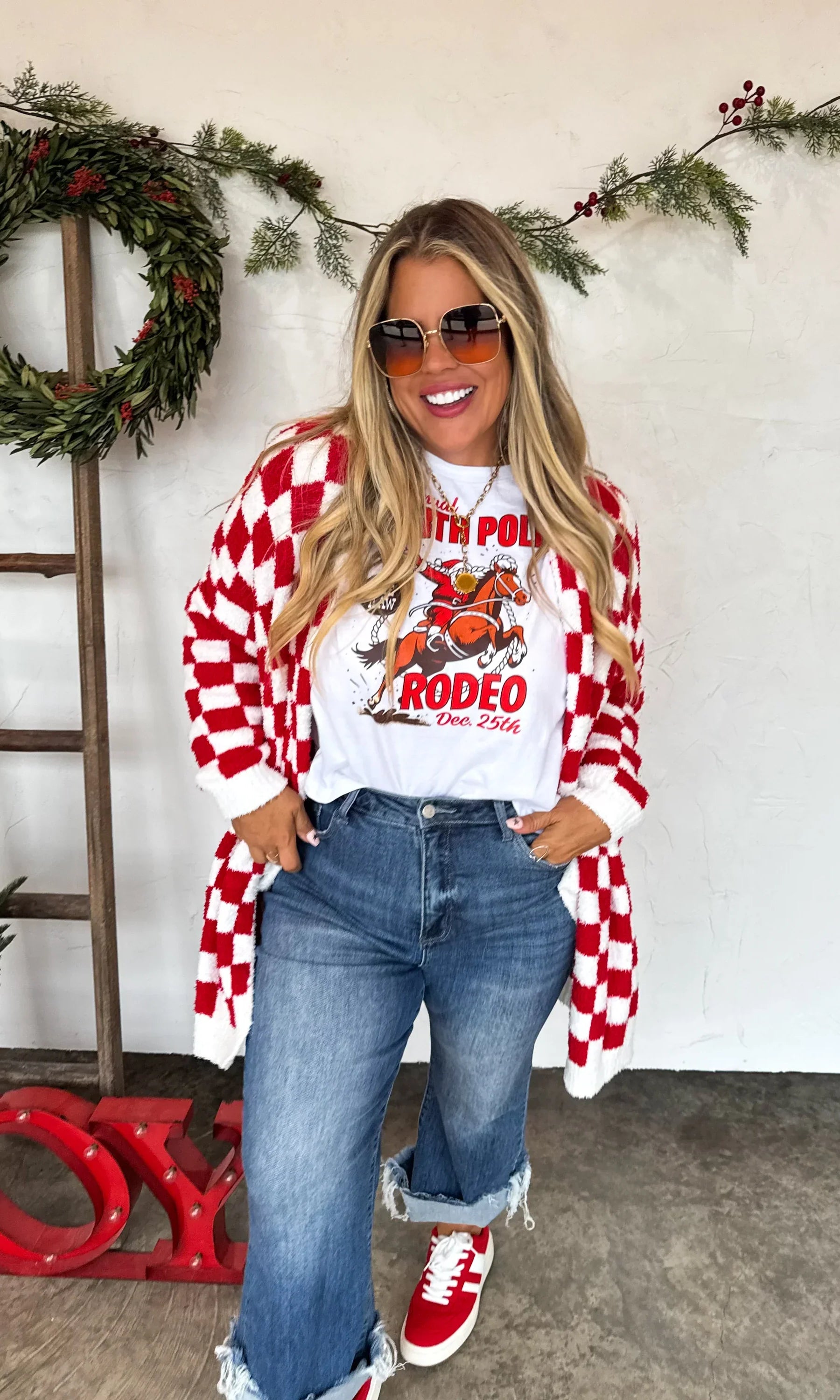 PREORDER: Christmas Cloud Cardigan Red Checker-Womens-Stay Foxy Boutique, Florissant, Missouri