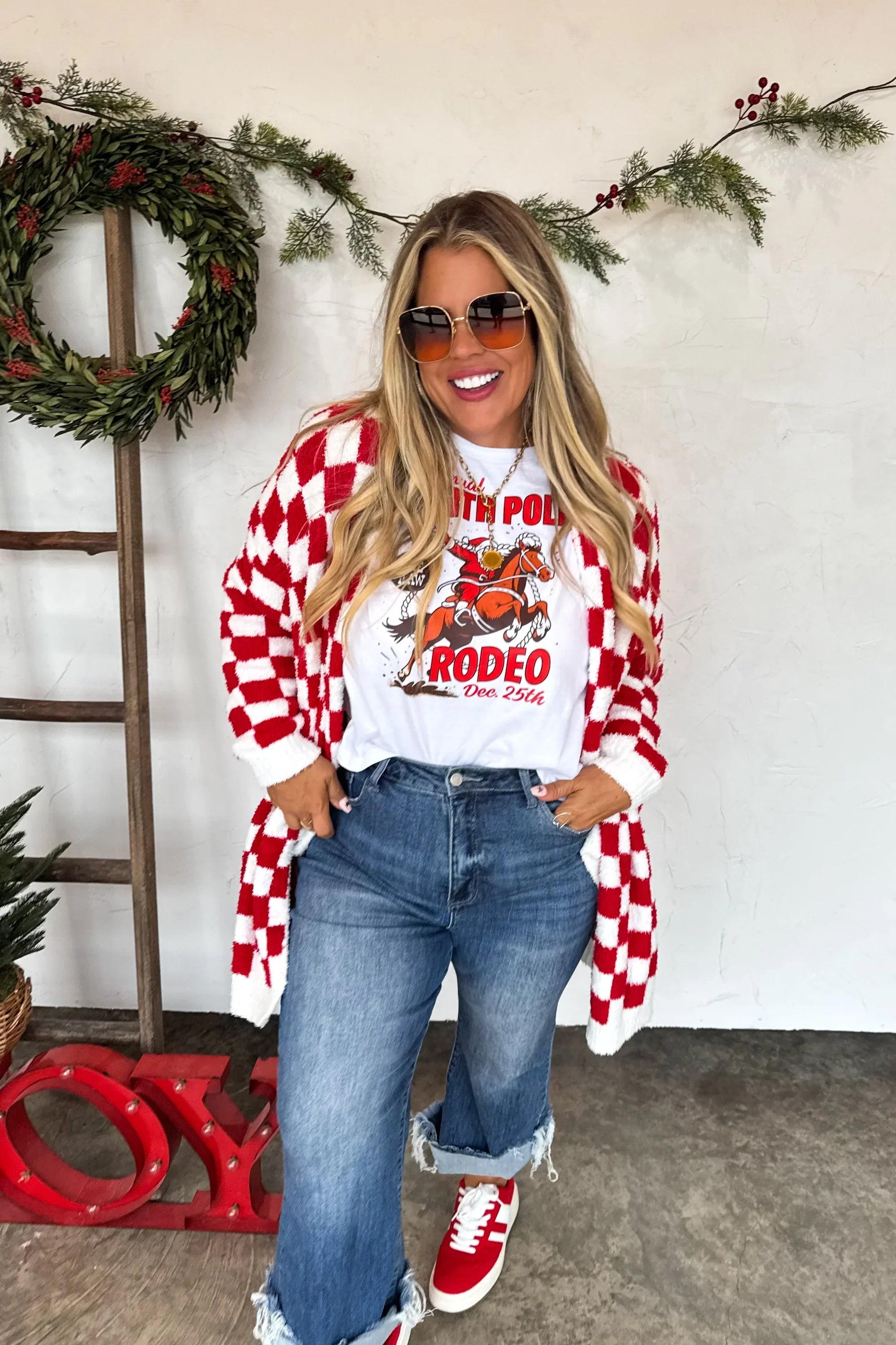PREORDER: Christmas Cloud Cardigan Red Checker-Womens-Stay Foxy Boutique, Florissant, Missouri