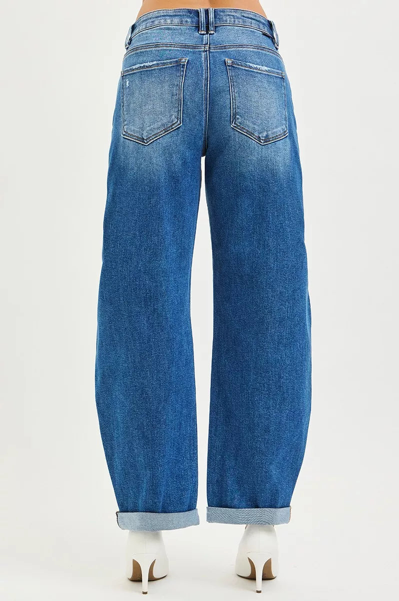 RISEN Full Size Mid Rise Barrel Double Roll Up Jeans Plus Size-Stay Foxy Boutique, Florissant, Missouri