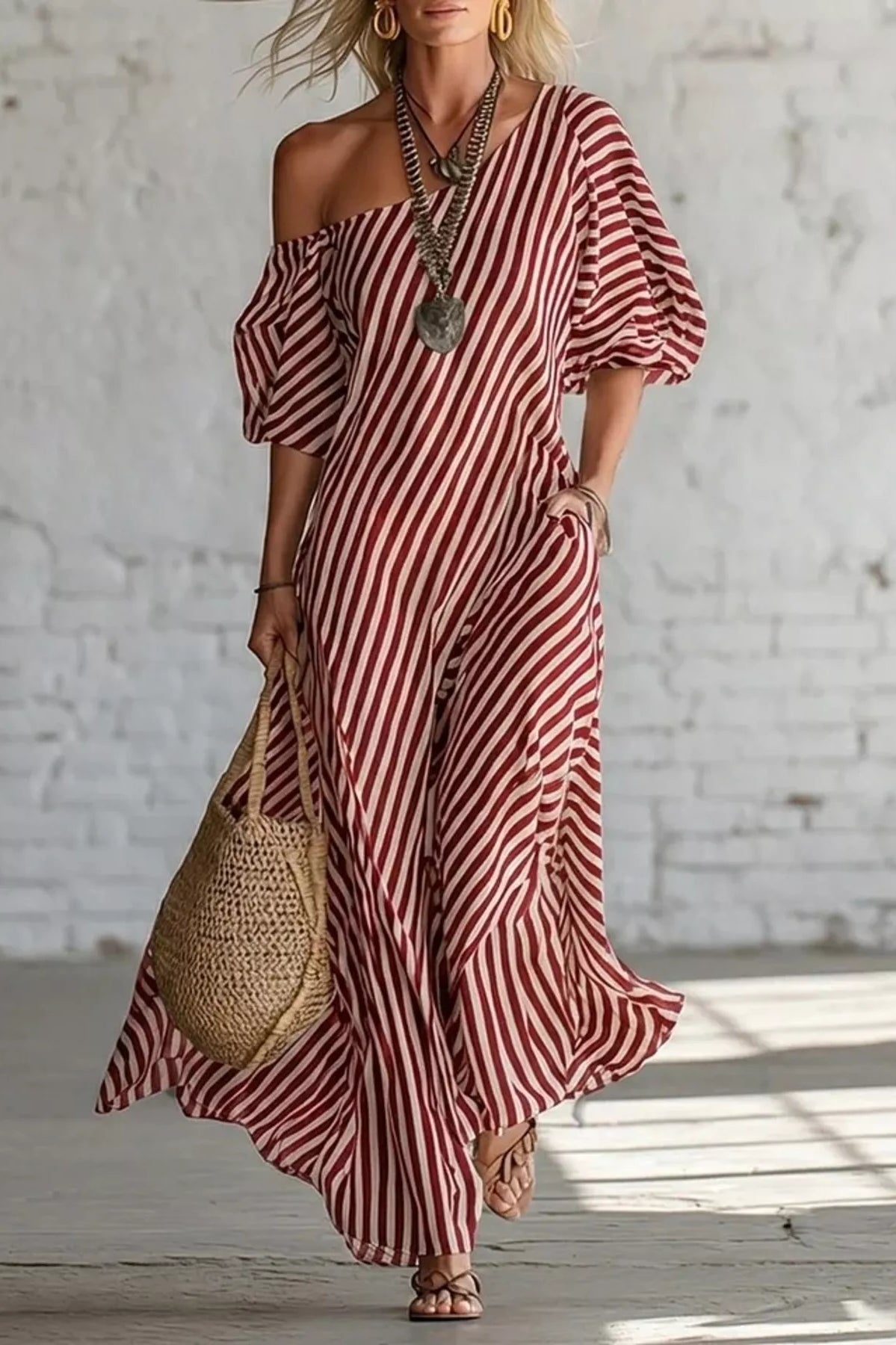 Full Size Striped One-Shoulder Casual Maxi Dress Plus Size-Stay Foxy Boutique, Florissant, Missouri