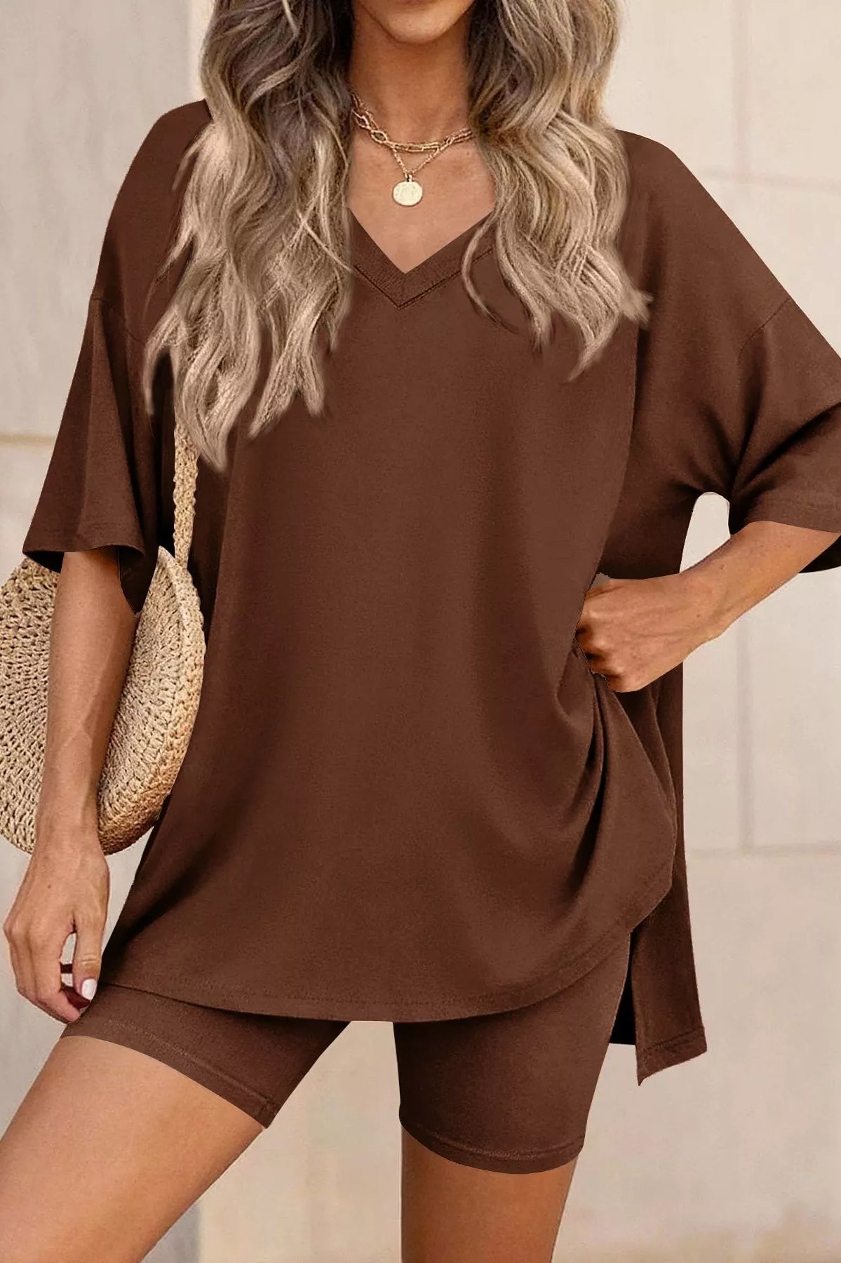 Full Size Casual Loose V-Neck T-Shirt & Shorts Set Plus Size-Stay Foxy Boutique, Florissant, Missouri