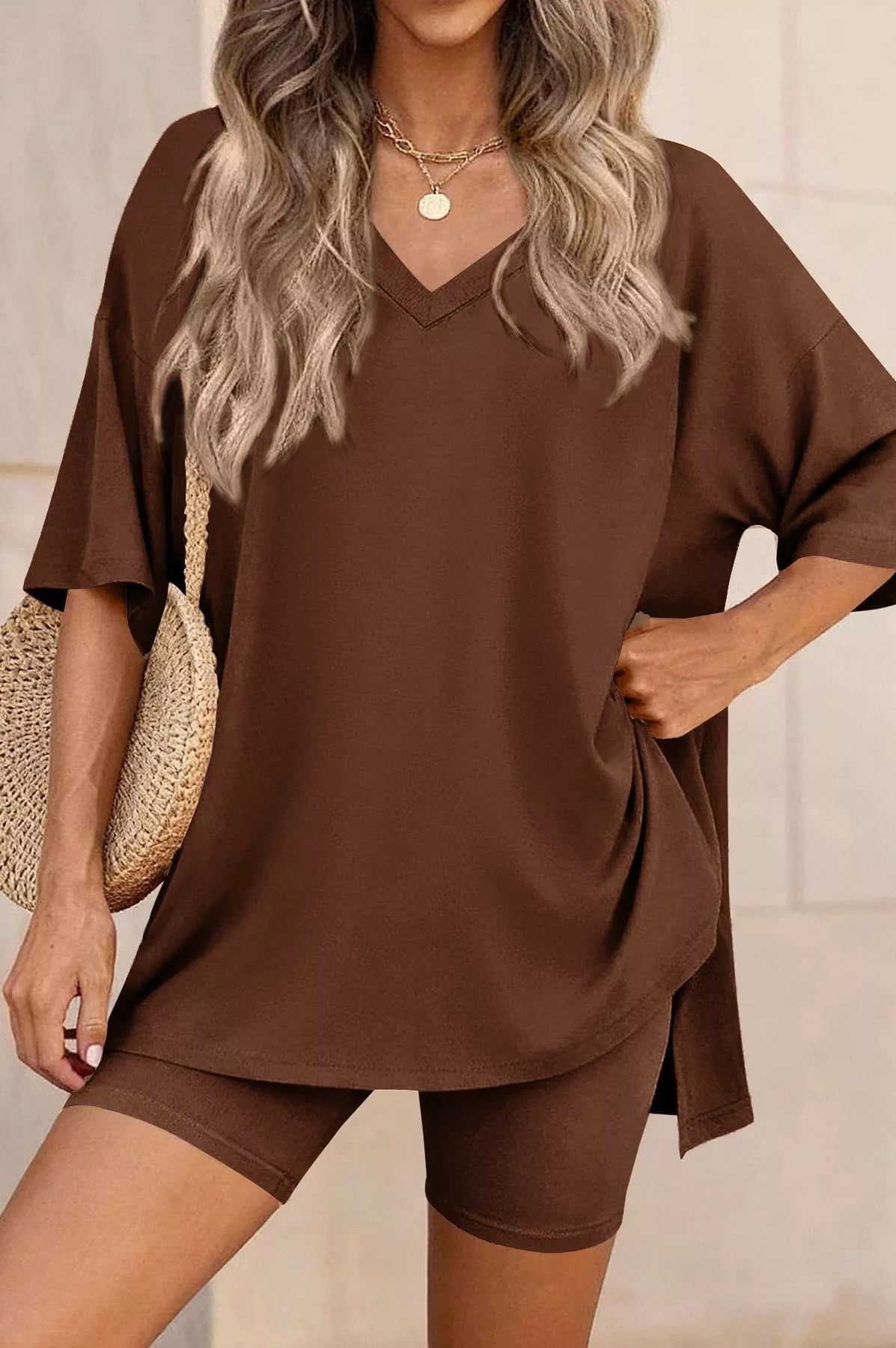 Full Size Casual Loose V-Neck T-Shirt & Shorts Set Plus Size-Stay Foxy Boutique, Florissant, Missouri