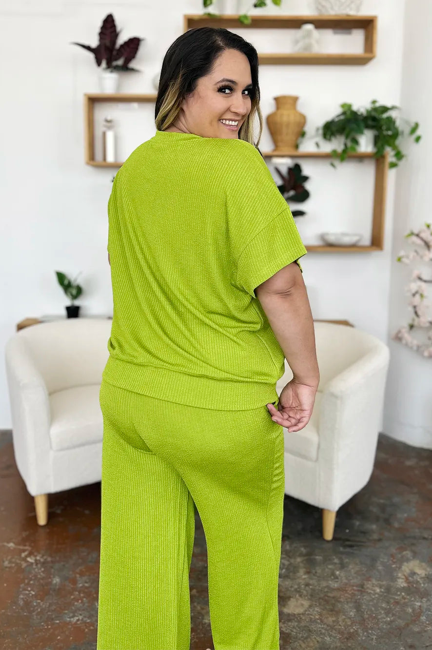 Double Take Full Size Texture Round Neck Short Sleeve T-Shirt and Wide Leg Pants-Stay Foxy Boutique, Florissant, Missouri