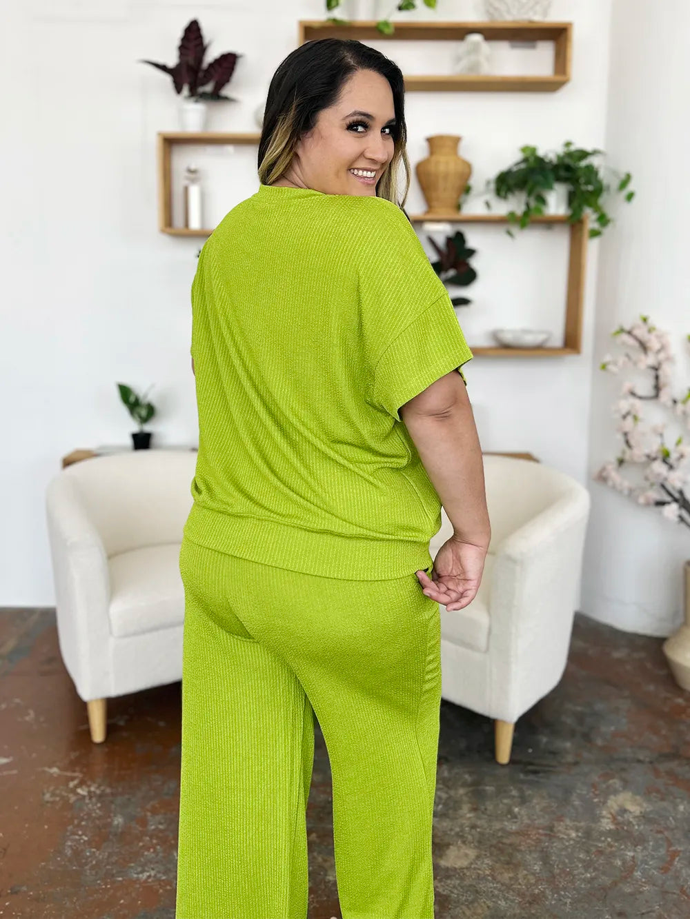 Double Take Full Size Texture Round Neck Short Sleeve T-Shirt and Wide Leg Pants-Stay Foxy Boutique, Florissant, Missouri