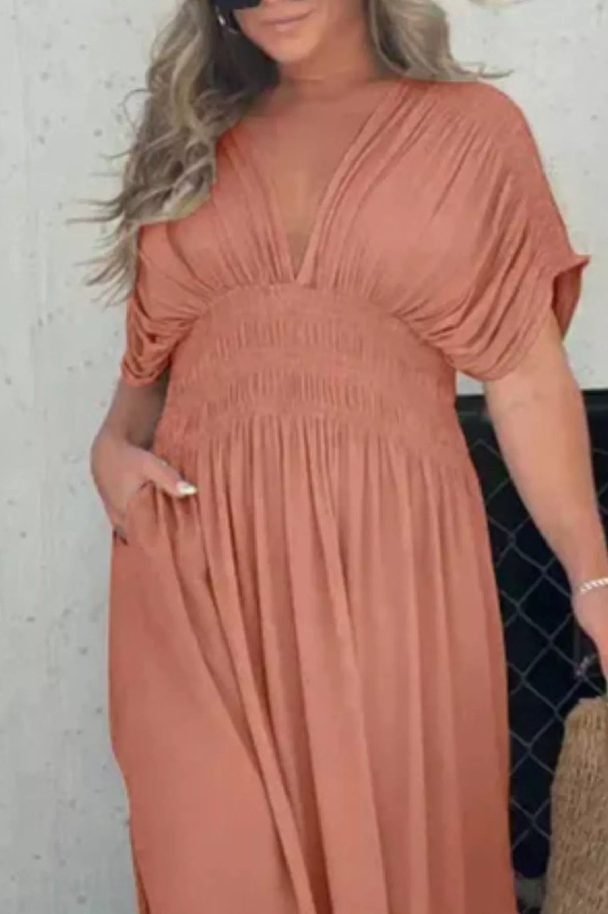 Full Size Slit V-Neck Smocked Waist Maxi Dress Plus Size-Stay Foxy Boutique, Florissant, Missouri