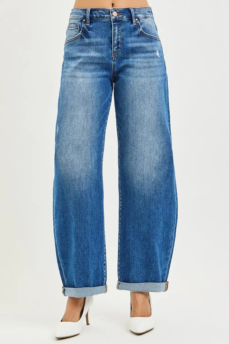 RISEN Full Size Mid Rise Barrel Double Roll Up Jeans Plus Size-Stay Foxy Boutique, Florissant, Missouri