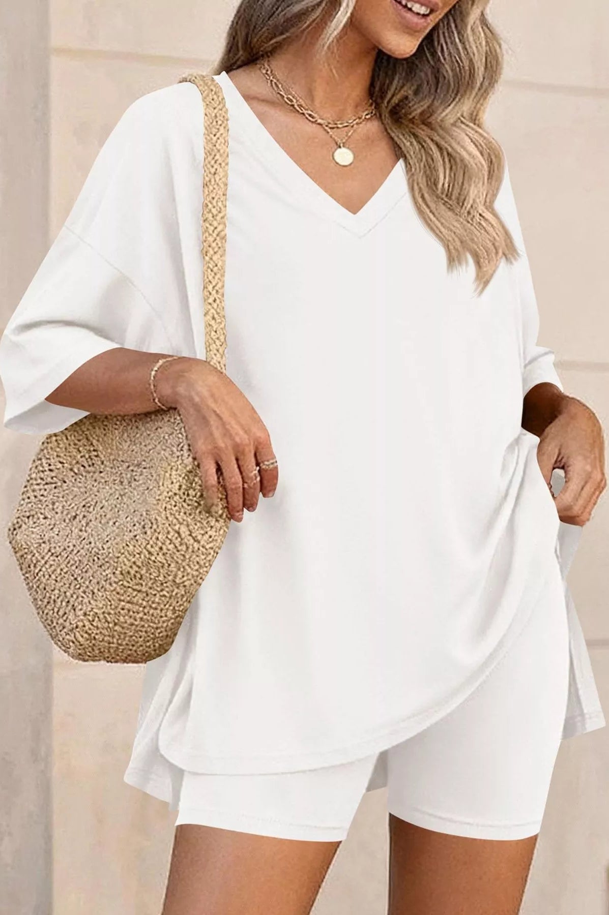 Full Size Casual Loose V-Neck T-Shirt & Shorts Set Plus Size-Stay Foxy Boutique, Florissant, Missouri