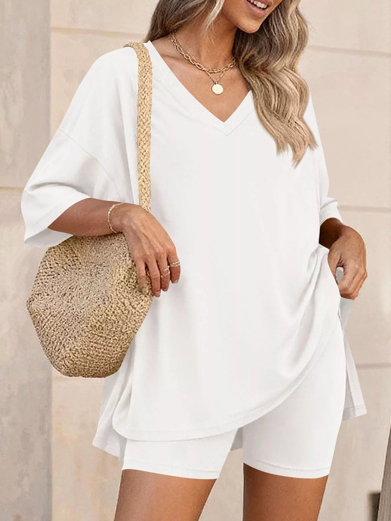 Full Size Casual Loose V-Neck T-Shirt & Shorts Set Plus Size-Stay Foxy Boutique, Florissant, Missouri