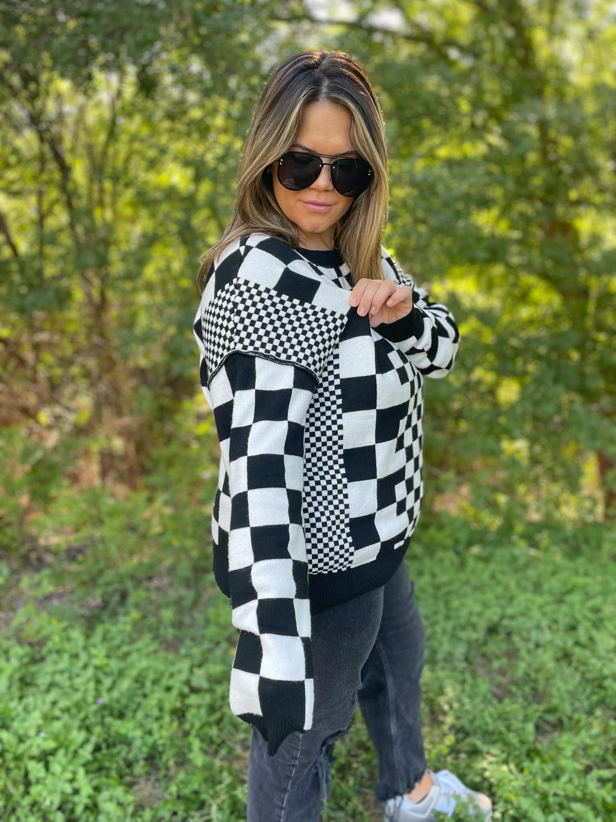 All Checkered Out Sweater in Four Colors-Womens-Stay Foxy Boutique, Florissant, Missouri