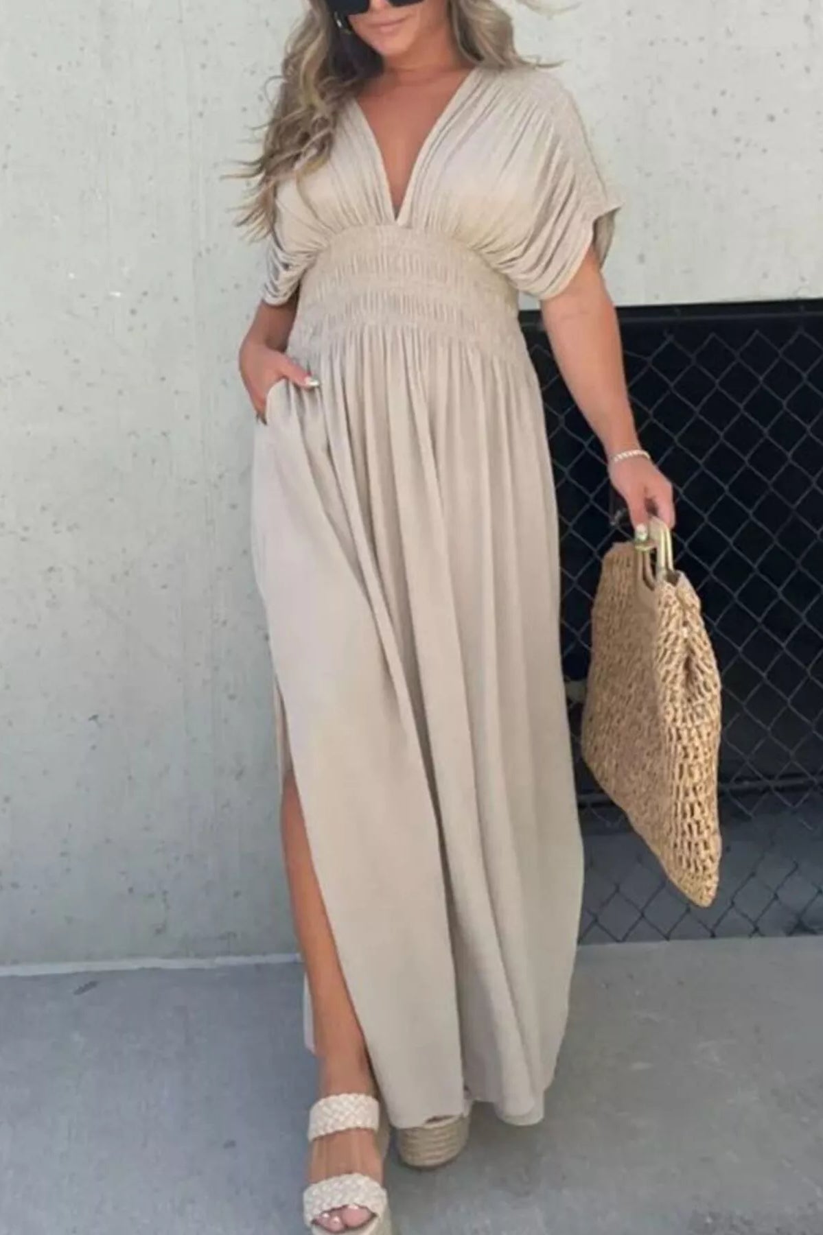 Full Size Slit V-Neck Smocked Waist Maxi Dress Plus Size-Stay Foxy Boutique, Florissant, Missouri