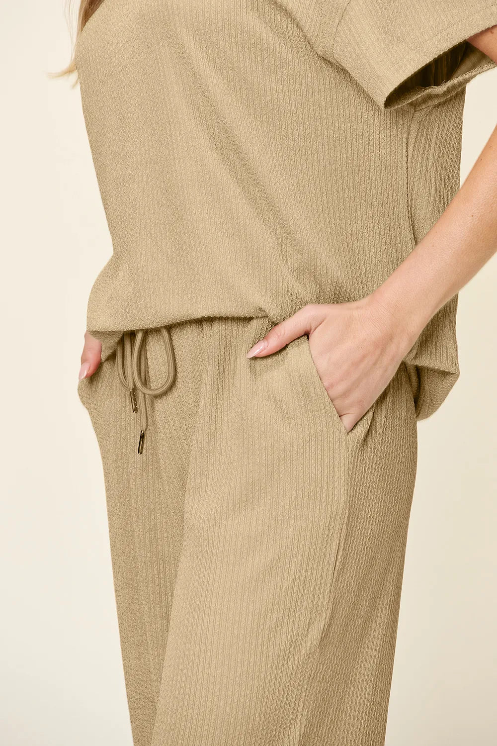 Double Take Full Size Texture Round Neck Short Sleeve T-Shirt and Wide Leg Pants-Stay Foxy Boutique, Florissant, Missouri