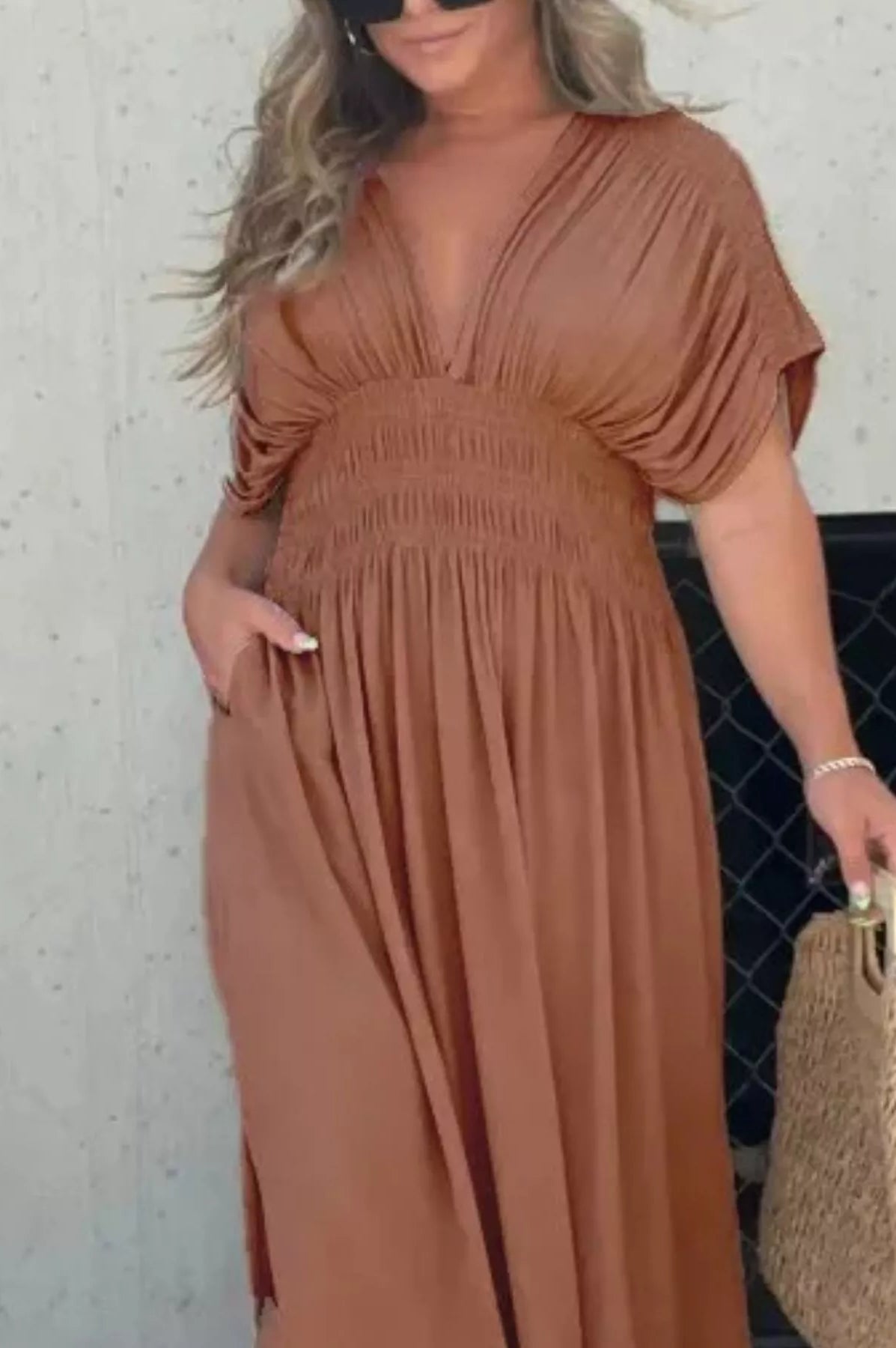 Full Size Slit V-Neck Smocked Waist Maxi Dress Plus Size-Stay Foxy Boutique, Florissant, Missouri