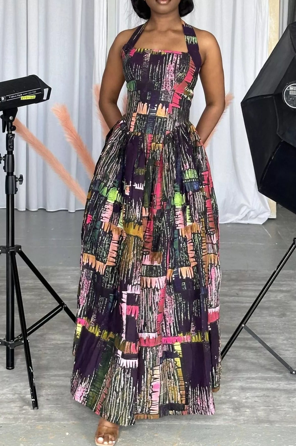 Full Size Abstract Print Halter Neck Maxi Dress Plus Size-Stay Foxy Boutique, Florissant, Missouri