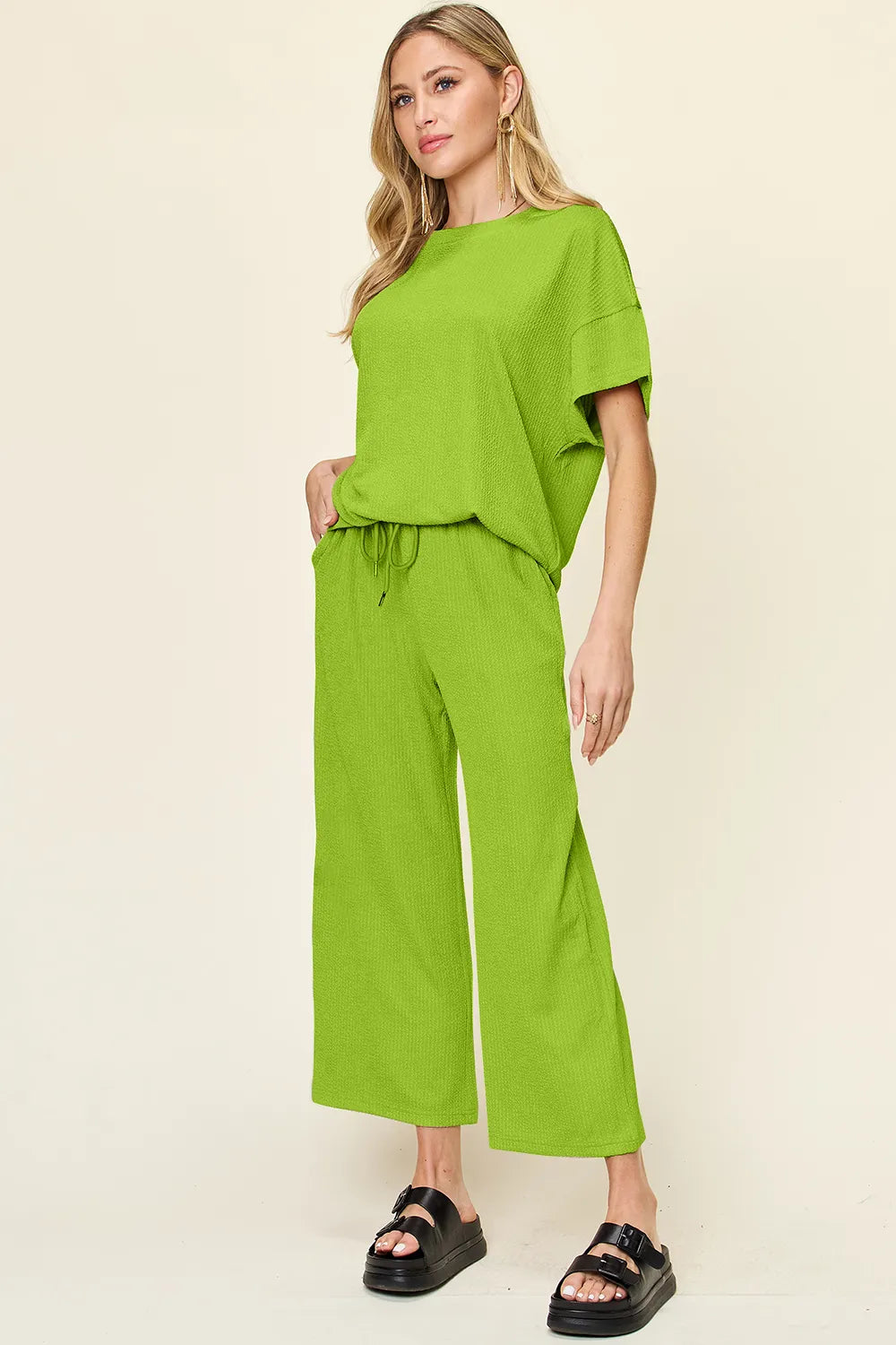 Double Take Full Size Texture Round Neck Short Sleeve T-Shirt and Wide Leg Pants-Stay Foxy Boutique, Florissant, Missouri