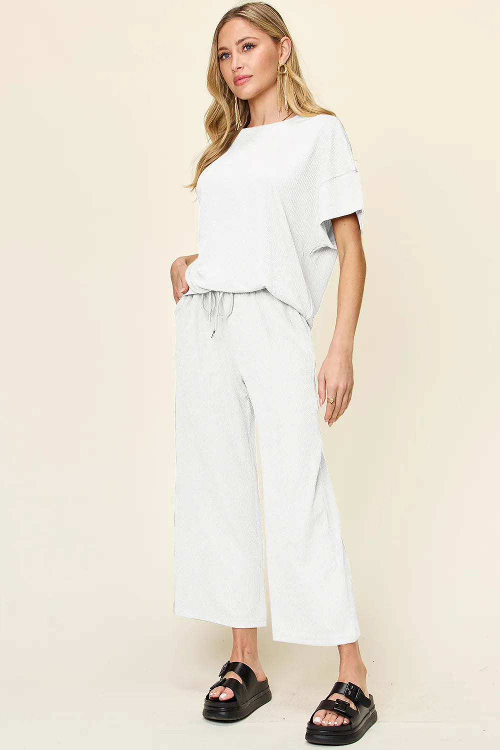 Double Take Full Size Texture Round Neck Short Sleeve T-Shirt and Wide Leg Pants-Stay Foxy Boutique, Florissant, Missouri