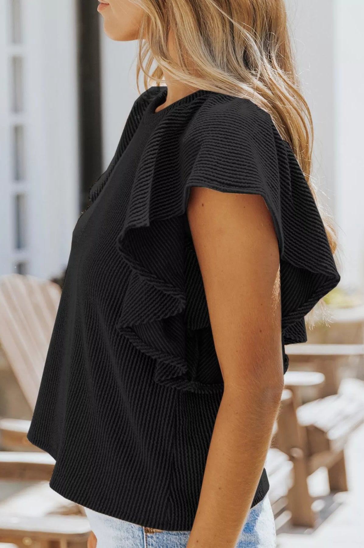 Full Size Ruffled Sleeve Ribbed Knit T-Shirt Plus Size-Stay Foxy Boutique, Florissant, Missouri