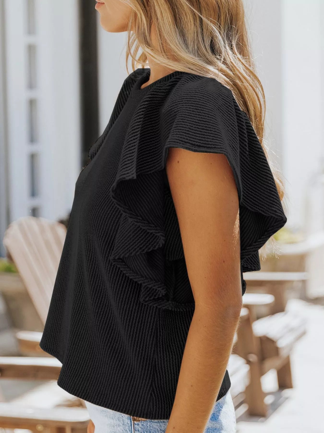 Full Size Ruffled Sleeve Ribbed Knit T-Shirt Plus Size-Stay Foxy Boutique, Florissant, Missouri