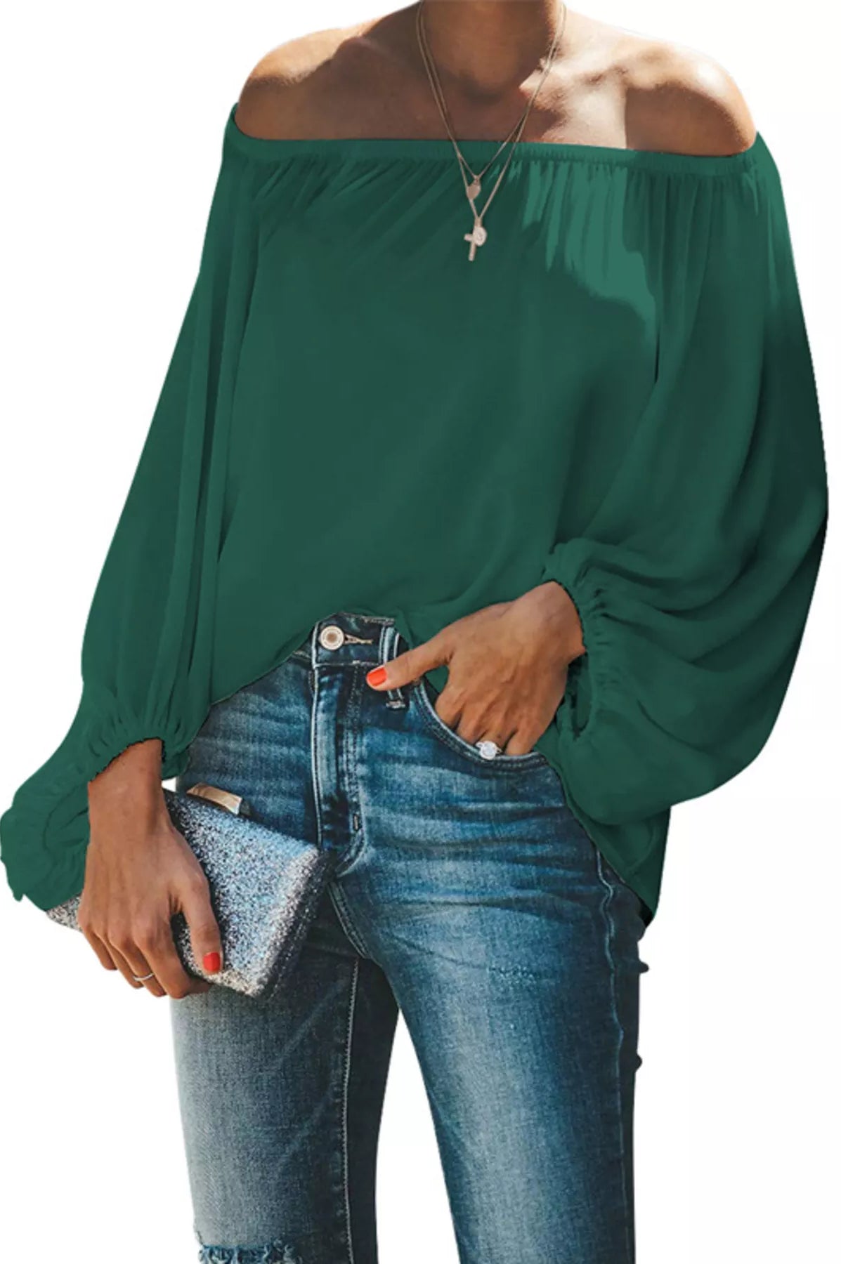 Full Size Off-Shoulder Balloon Sleeve Blouse Plus Size-Stay Foxy Boutique, Florissant, Missouri