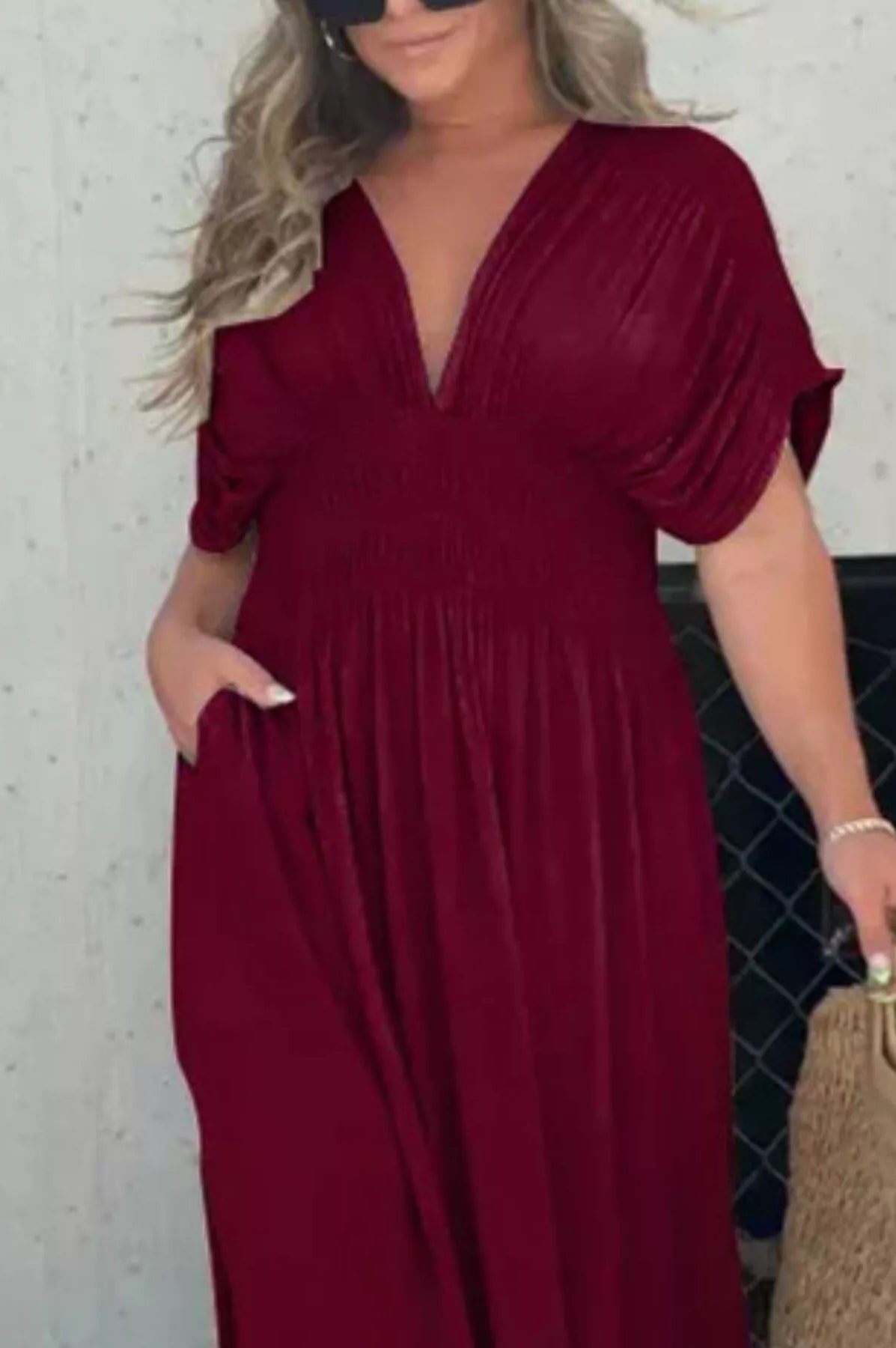 Full Size Slit V-Neck Smocked Waist Maxi Dress Plus Size-Stay Foxy Boutique, Florissant, Missouri