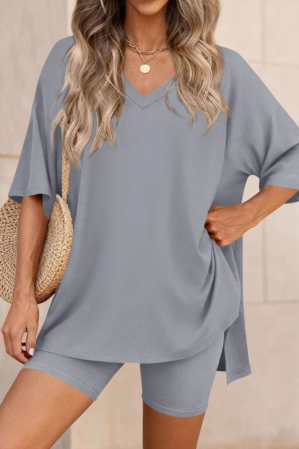 Full Size Casual Loose V-Neck T-Shirt & Shorts Set Plus Size-Stay Foxy Boutique, Florissant, Missouri