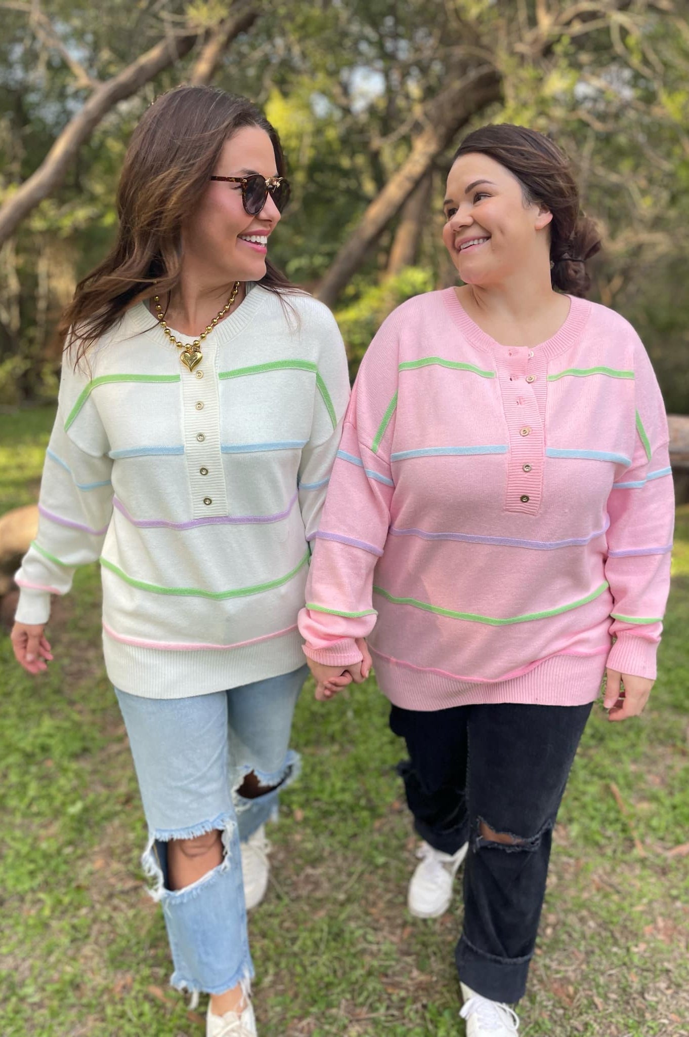 PREORDER: Just Too Good Rainbow Striped Sweater in Two Colors-Womens-Stay Foxy Boutique, Florissant, Missouri