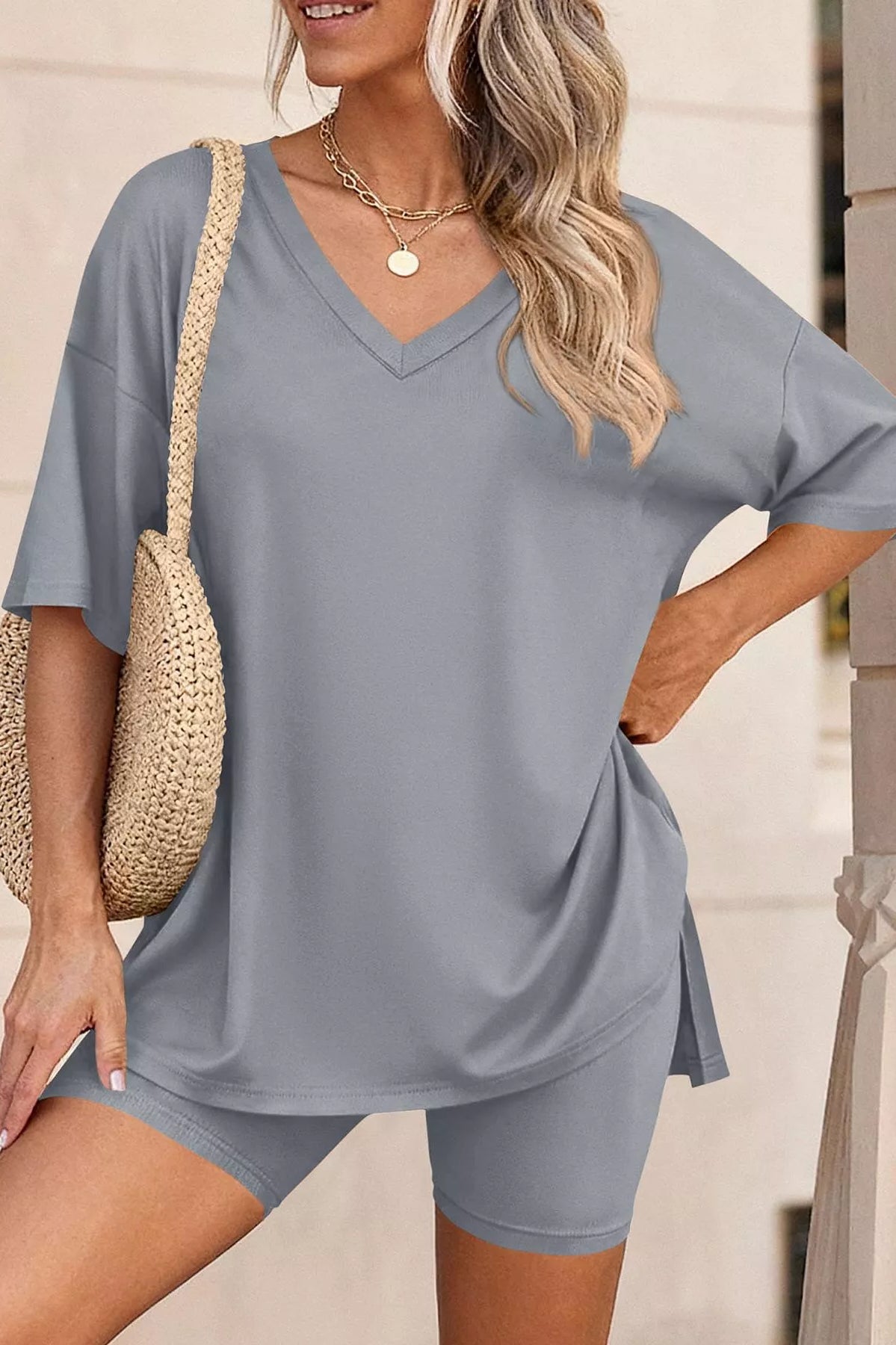 Full Size Casual Loose V-Neck T-Shirt & Shorts Set Plus Size-Stay Foxy Boutique, Florissant, Missouri