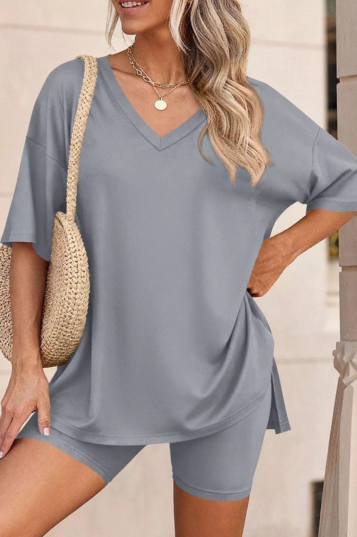 Full Size Casual Loose V-Neck T-Shirt & Shorts Set Plus Size-Stay Foxy Boutique, Florissant, Missouri
