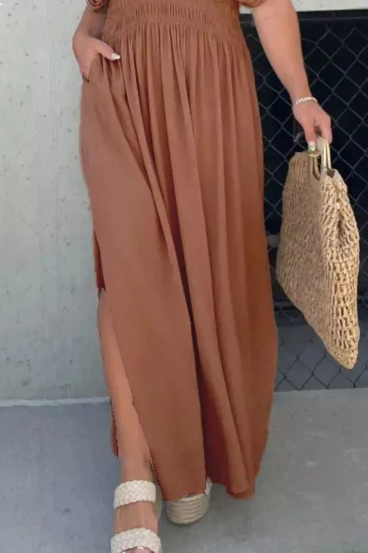 Full Size Slit V-Neck Smocked Waist Maxi Dress Plus Size-Stay Foxy Boutique, Florissant, Missouri