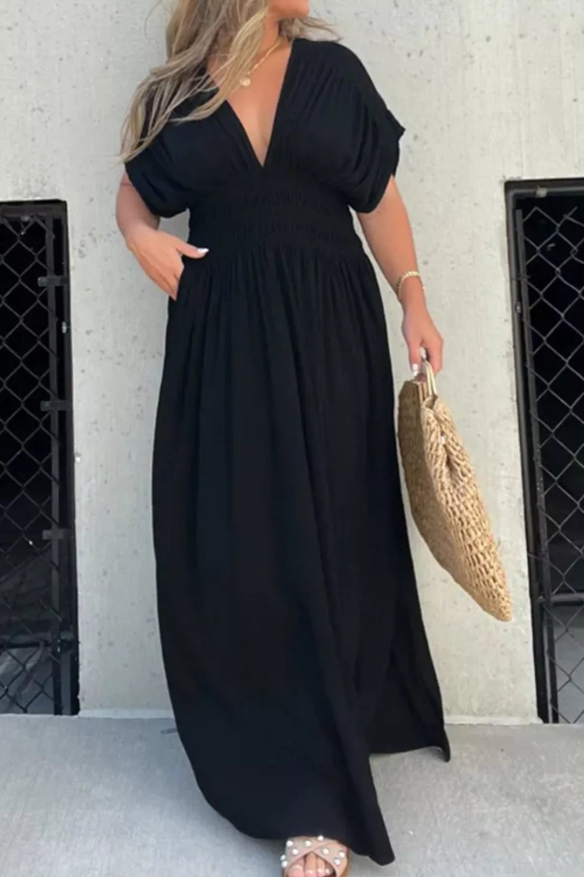 Full Size Slit V-Neck Smocked Waist Maxi Dress Plus Size-Stay Foxy Boutique, Florissant, Missouri
