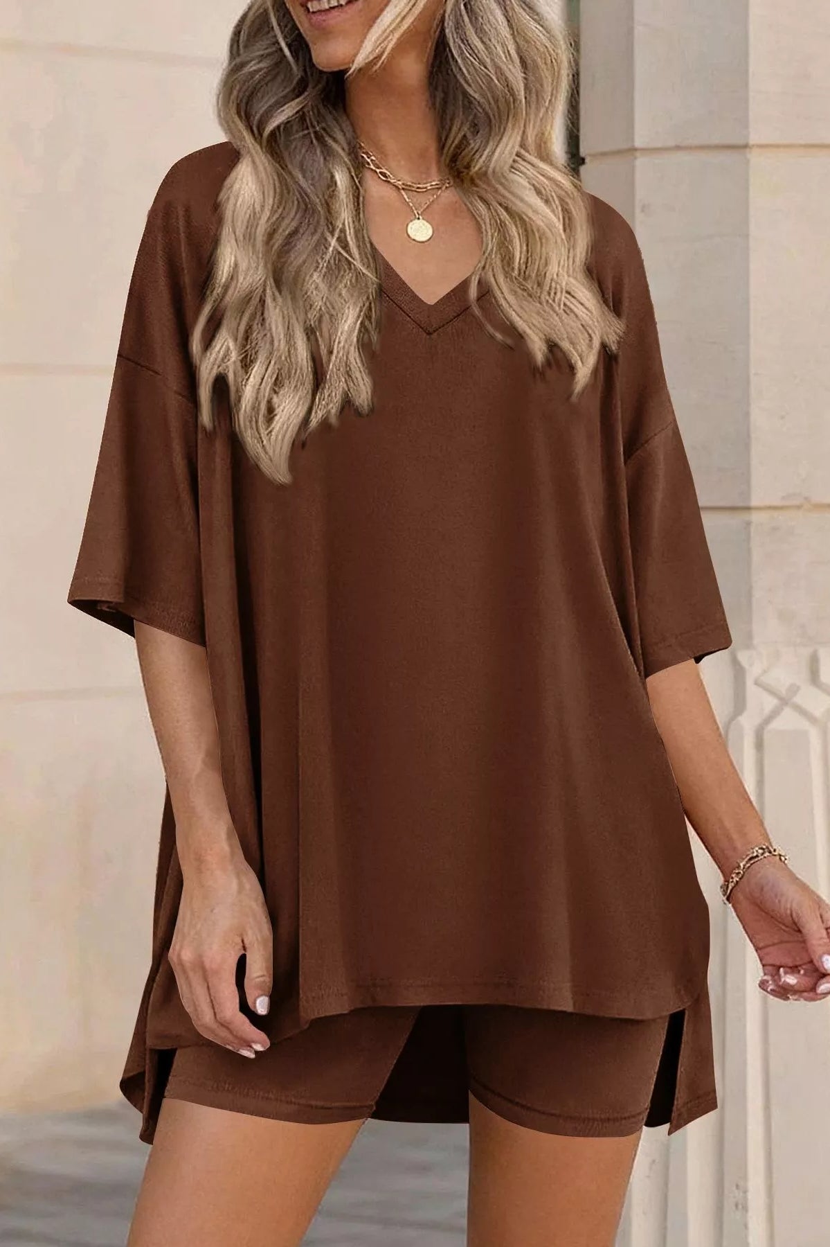 Full Size Casual Loose V-Neck T-Shirt & Shorts Set Plus Size-Stay Foxy Boutique, Florissant, Missouri