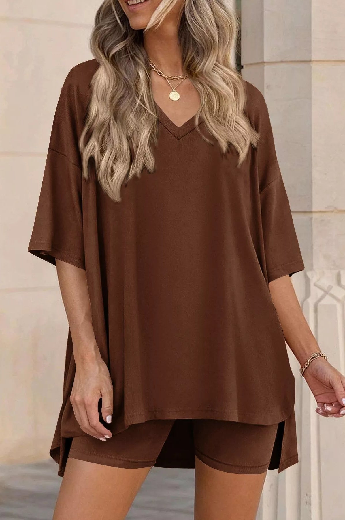 Full Size Casual Loose V-Neck T-Shirt & Shorts Set Plus Size-Stay Foxy Boutique, Florissant, Missouri
