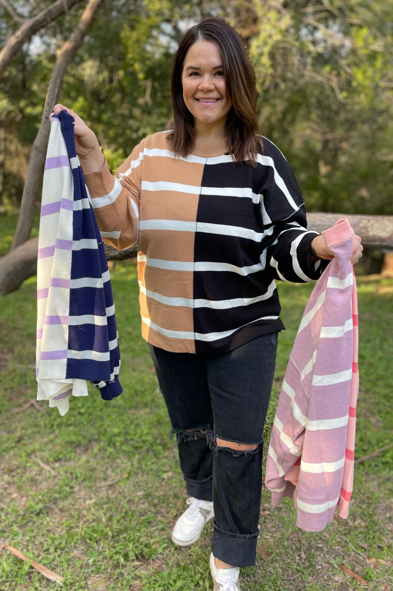 PREORDER: Exceptional Thought Striped Patchwork Sweater in Three Colors-Womens-Stay Foxy Boutique, Florissant, Missouri