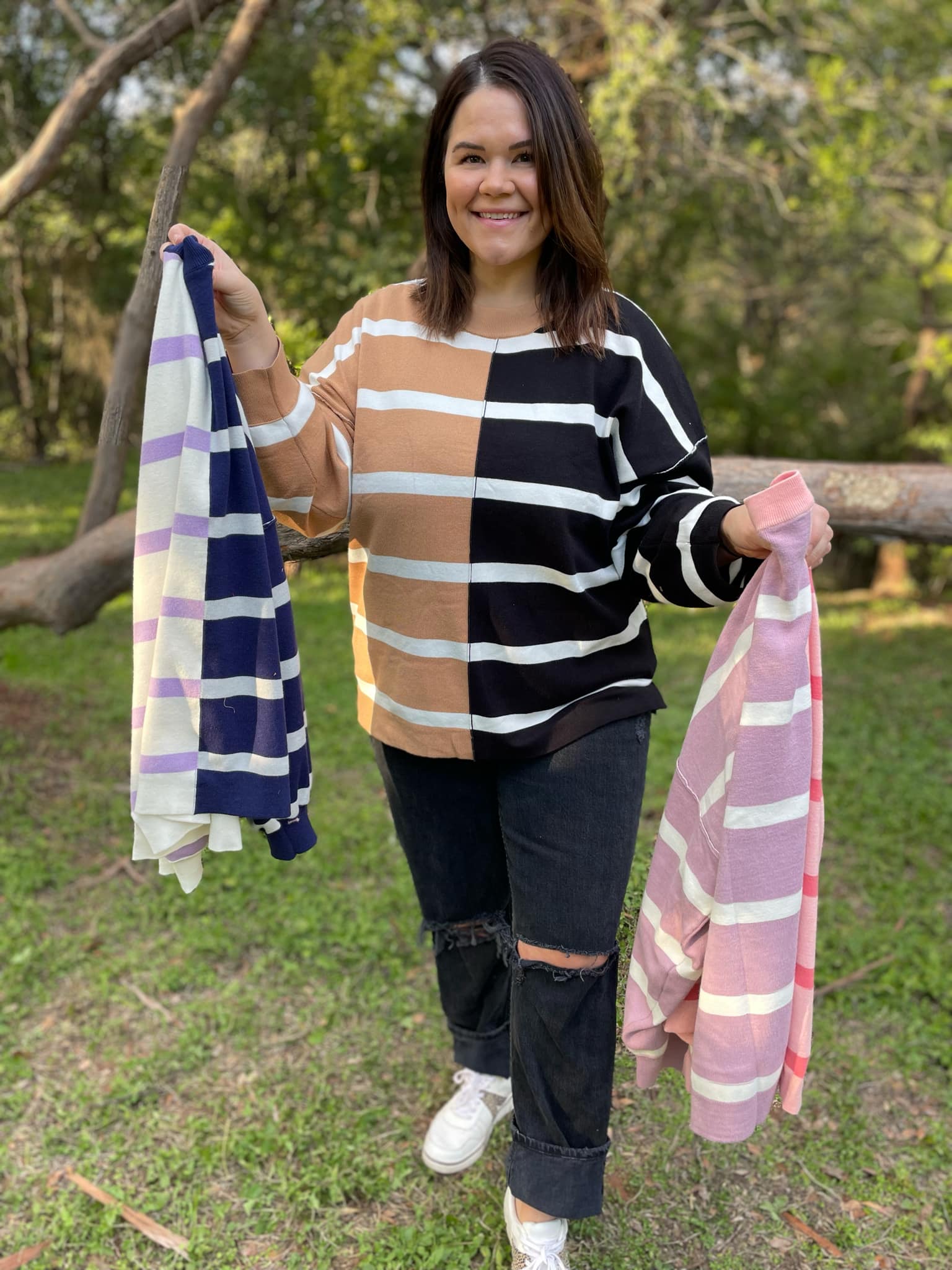 PREORDER: Exceptional Thought Striped Patchwork Sweater in Three Colors-Womens-Stay Foxy Boutique, Florissant, Missouri
