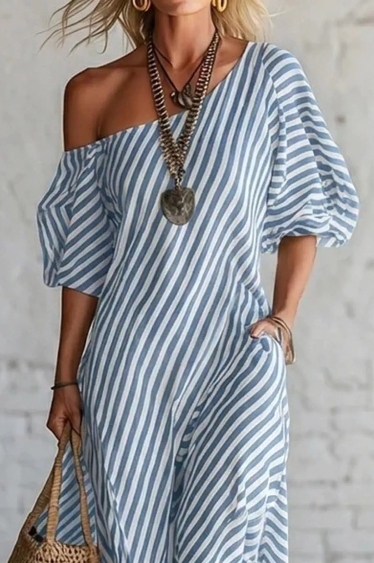 Full Size Striped One-Shoulder Casual Maxi Dress Plus Size-Stay Foxy Boutique, Florissant, Missouri