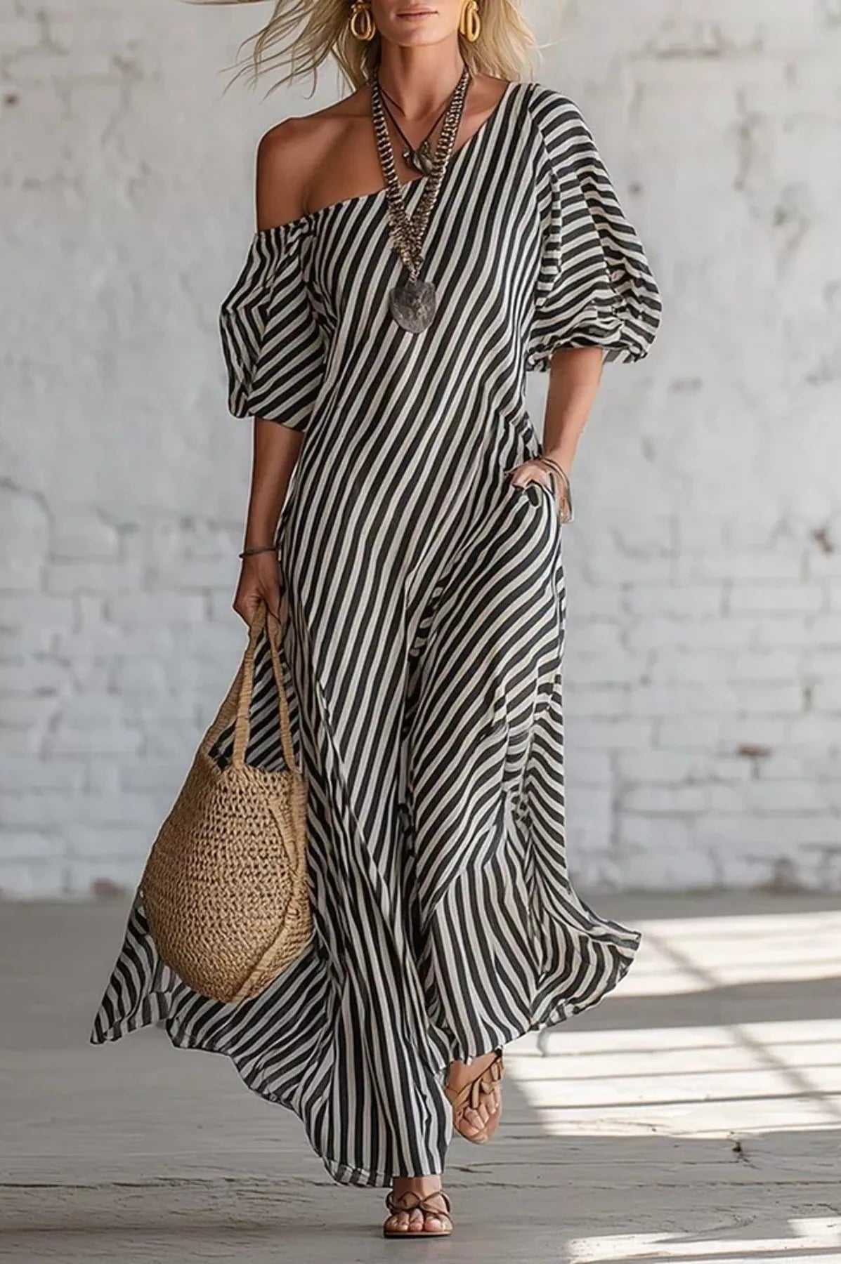 Full Size Striped One-Shoulder Casual Maxi Dress Plus Size-Stay Foxy Boutique, Florissant, Missouri