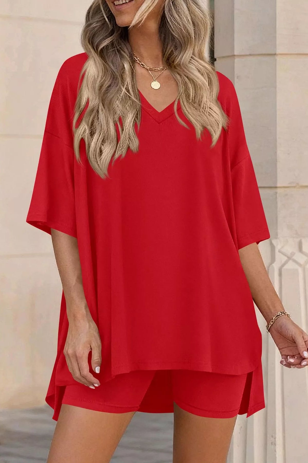 Full Size Casual Loose V-Neck T-Shirt & Shorts Set Plus Size-Stay Foxy Boutique, Florissant, Missouri