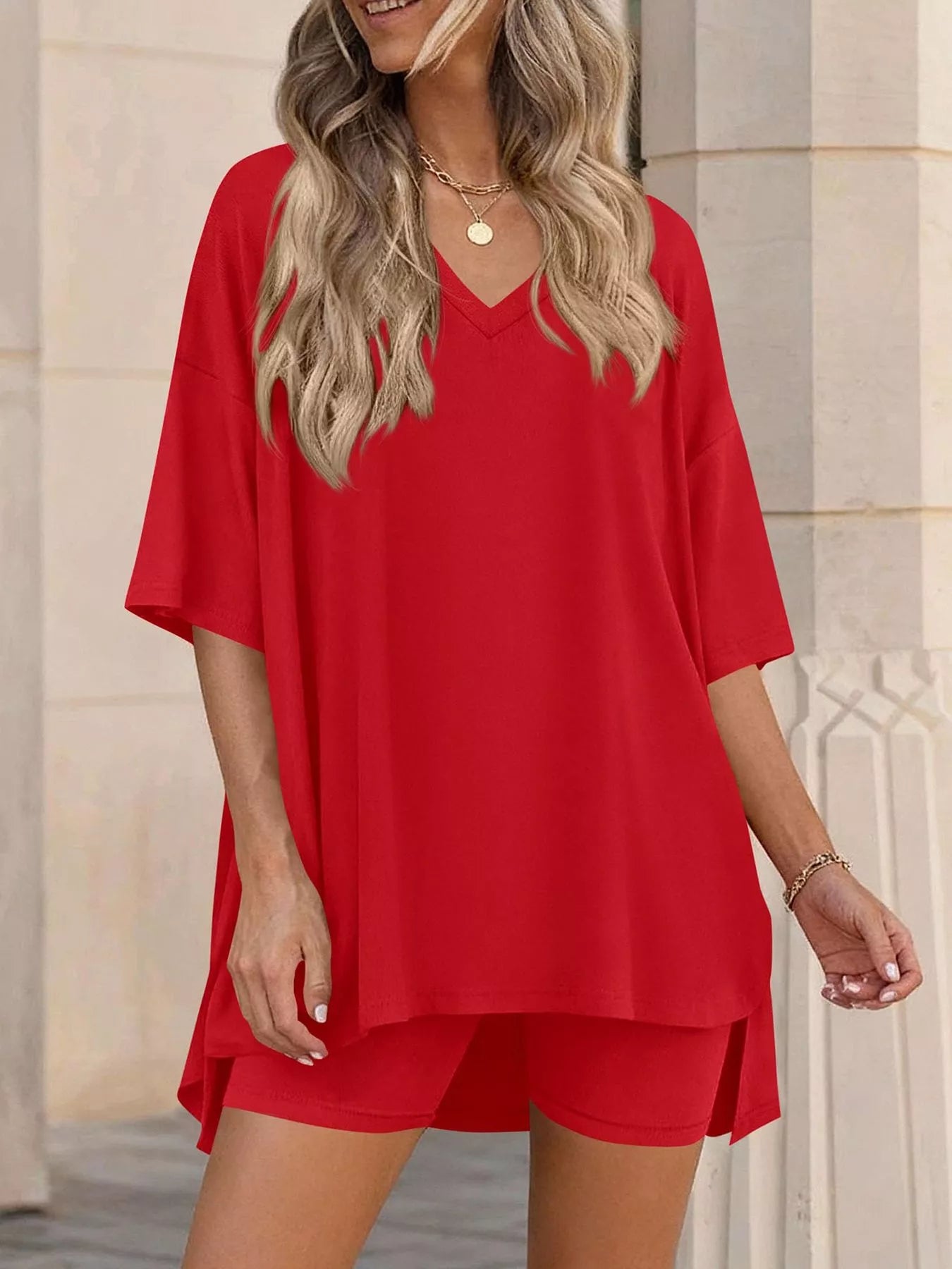 Full Size Casual Loose V-Neck T-Shirt & Shorts Set Plus Size-Stay Foxy Boutique, Florissant, Missouri