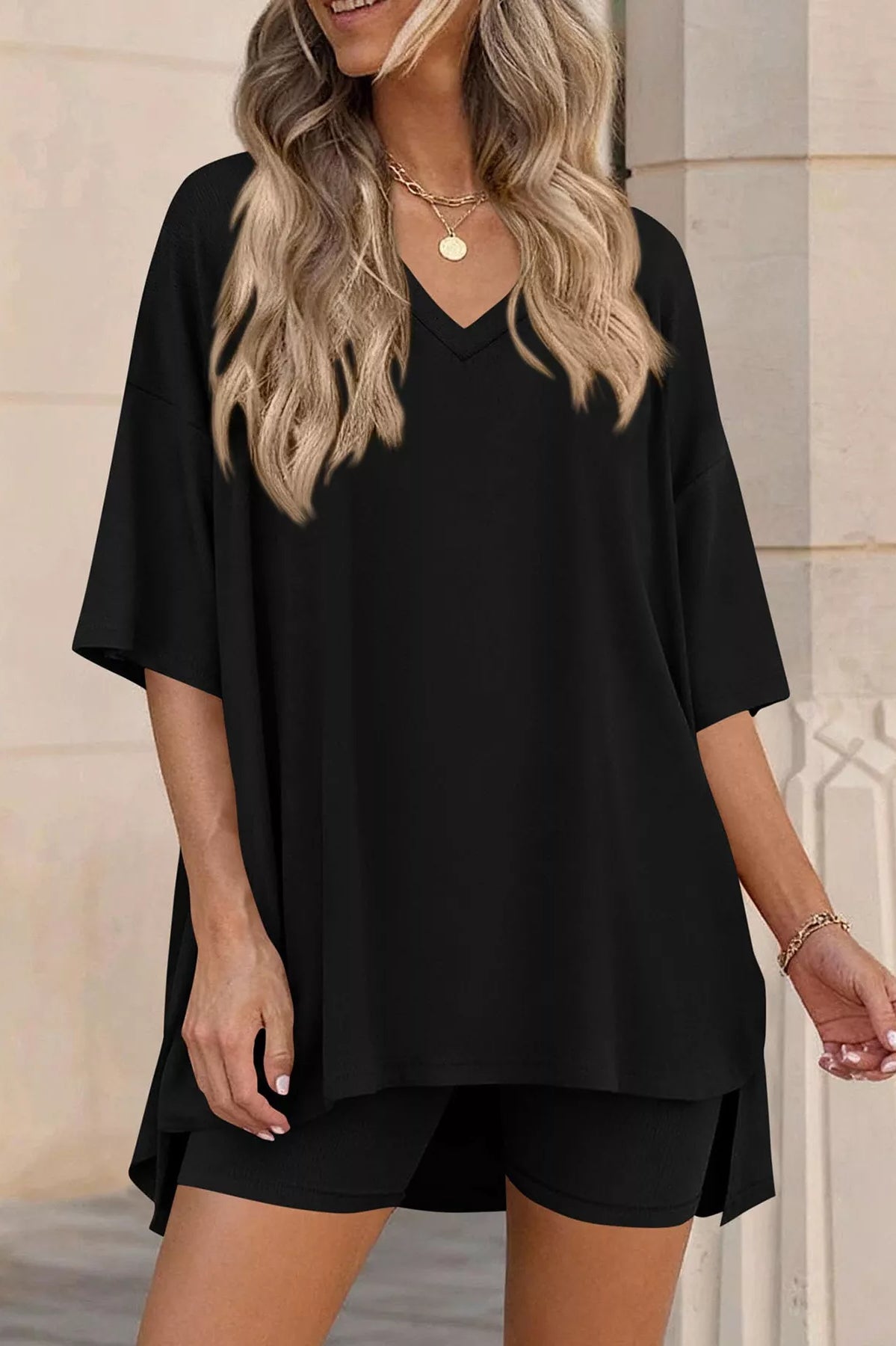 Full Size Casual Loose V-Neck T-Shirt & Shorts Set Plus Size-Stay Foxy Boutique, Florissant, Missouri