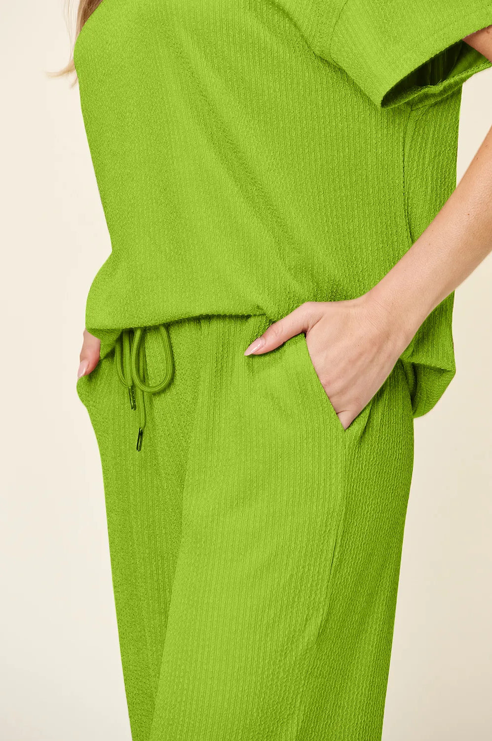 Double Take Full Size Texture Round Neck Short Sleeve T-Shirt and Wide Leg Pants-Stay Foxy Boutique, Florissant, Missouri