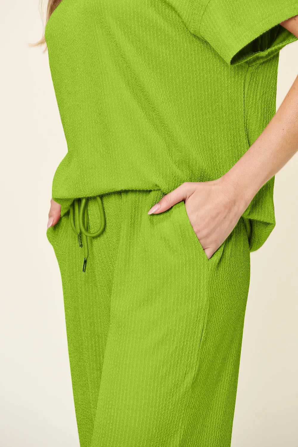 Double Take Full Size Texture Round Neck Short Sleeve T-Shirt and Wide Leg Pants-Stay Foxy Boutique, Florissant, Missouri